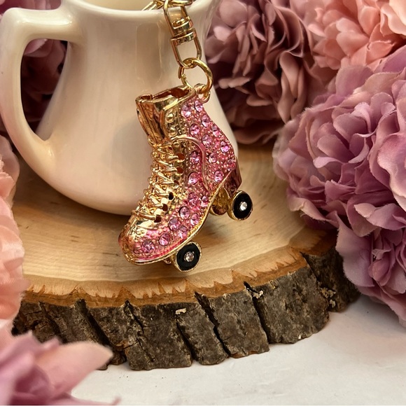 Pink and Gold Crystal Roller Skate Keychain Charm - Picture 3 of 16